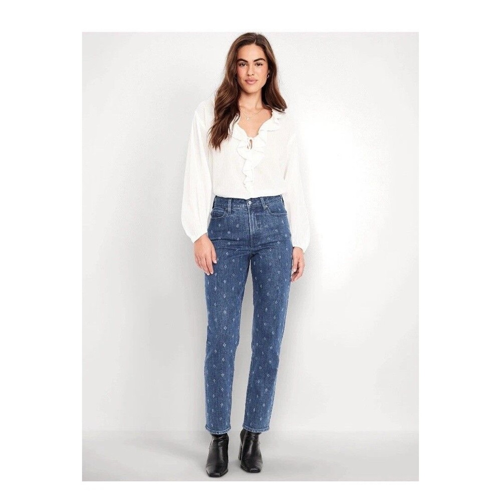 Women's Extra High Waisted Textured Straight Secret-Smooth Pockets Jeans Size 12